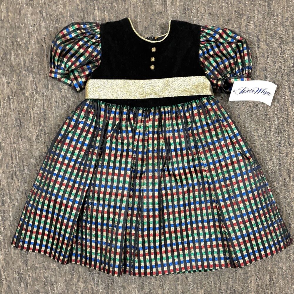 Vintage Sylvia Whyte Girls Holiday Plaid Black Velvet Dress Gold Belt Size 4 - Picture 2 of 9